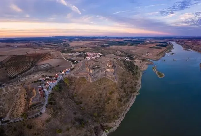 Framed Print : Juromenha castle, village and Guadiana river drone aerial view at sunset in Alentejo, Portugal Framed Print : Juromenha castle, village and Guadiana river drone aerial view at sunset in Alentejo, Portugal