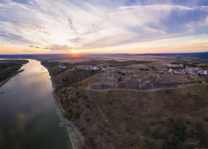 Framed Print : Juromenha castle, village and Guadiana river drone aerial view at sunset in Alentejo, Portugal Framed Print : Juromenha castle, village and Guadiana river drone aerial view at sunset in Alentejo, Portugal