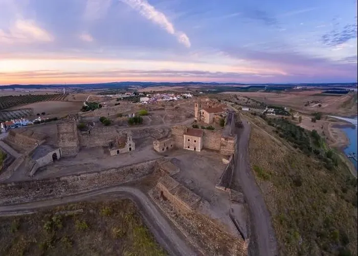 Framed Print : Juromenha castle, village and Guadiana river drone aerial view at sunset in Alentejo, Portugal Framed Print : Juromenha castle, village and Guadiana river drone aerial view at sunset in Alentejo, Portugal