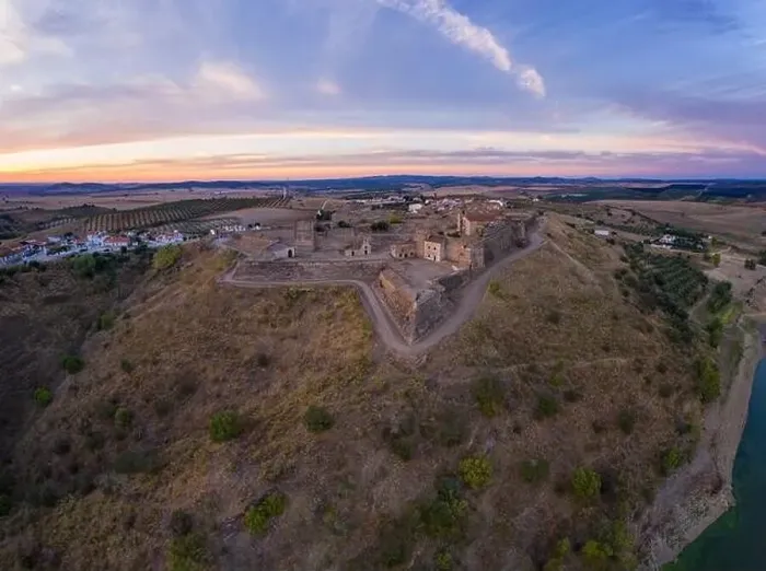 Framed Print : Juromenha castle, village and Guadiana river drone aerial view at sunset in Alentejo, Portugal Framed Print : Juromenha castle, village and Guadiana river drone aerial view at sunset in Alentejo, Portugal