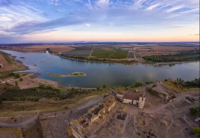 Framed Print : Juromenha castle, village and Guadiana river drone aerial view at sunset in Alentejo Framed Print : Juromenha castle, village and Guadiana river drone aerial view at sunset in Alentejo