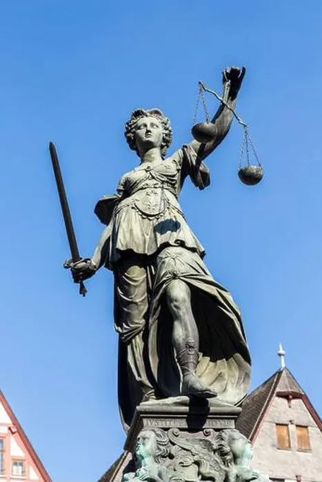 Framed Print : Justitia (Lady Justice) sculpture on the Roemerberg square in Frankfurt, built 1887 Framed Print : Justitia (Lady Justice) sculpture on the Roemerberg square in Frankfurt, built 1887