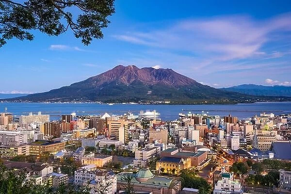 Kagoshima, Japan city skyline with Sakurajima Volcano