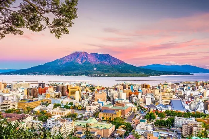 Framed Print : Kagoshima, Japan skyline with Sakurajima Volcano at dusk Framed Print : Kagoshima, Japan skyline with Sakurajima Volcano at dusk