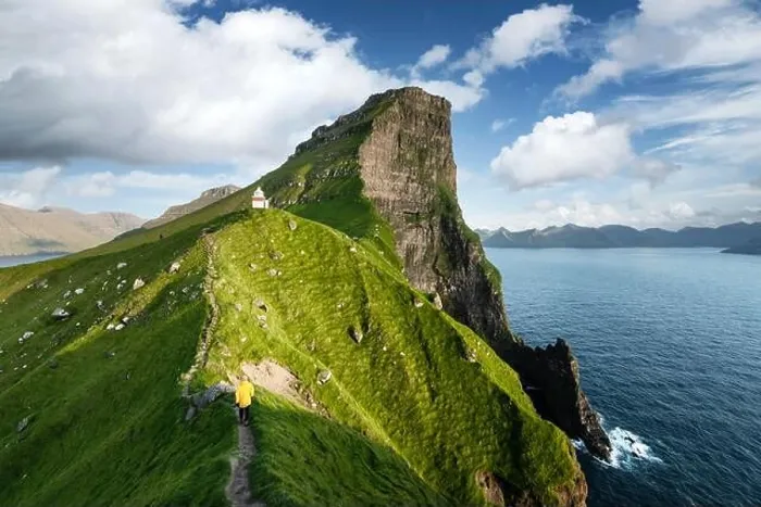 Framed Print : Kallur lighthouse on green hills of Kalsoy island, Faroe islands, Denmark. Landscape photography