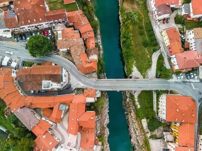 Framed Print : Kanal Ob Soci in Sova Valley in Slovenia. Aerial Drone Townscape Framed Print : Kanal Ob Soci in Sova Valley in Slovenia. Aerial Drone Townscape