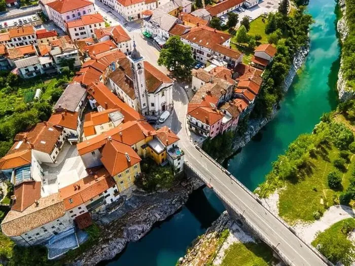 Framed Print : Kanal Ob Soci Town at River Soca in Slovenia. Aerial Drone View Framed Print : Kanal Ob Soci Town at River Soca in Slovenia. Aerial Drone View