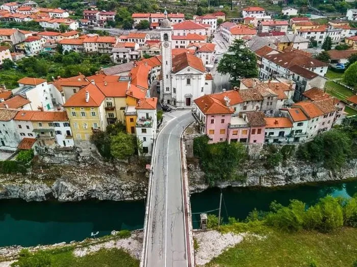 Framed Print : Kanal Ob Soci Town at River Soca in Slovenia. Aerial Drone View Framed Print : Kanal Ob Soci Town at River Soca in Slovenia. Aerial Drone View