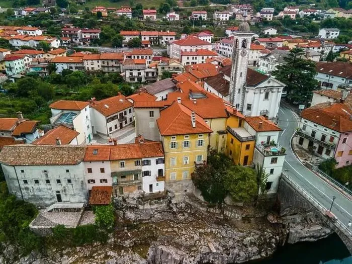 Framed Print : Kanal Ob Soci Town at River Soca in Slovenia. Aerial Drone View Framed Print : Kanal Ob Soci Town at River Soca in Slovenia. Aerial Drone View