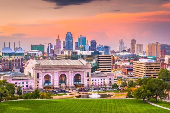 Framed Print : Kansas City, Missouri, USA downtown skyline with Union Station at dusk