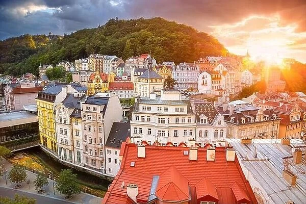 Karlovy Vary, Czech Republic. Aerial image of Karlovy Vary (Carlsbad), located in western Bohemia at beautiful sunset