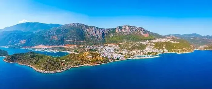 Framed Print : Kas city aerial panoramic view. Kas or Kash is a small seaside resort town in Antalya Province in Turkey