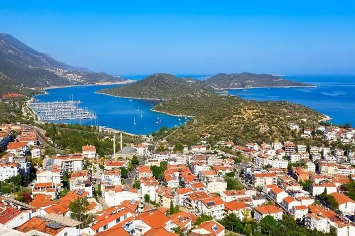 Framed Print : Kas city aerial panoramic view. Kas or Kash is a small seaside resort town in Antalya Province in Turkey