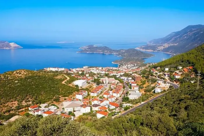 Framed Print : Kas city aerial panoramic view. Kas or Kash is a small seaside resort town in Antalya Province in Turkey