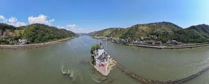 Framed Print : Kaub, Germany - 20 July 2024: drone view at Pfalzgrafenstein water fort on river Rhine at Kaub in Germany Framed Print : Kaub, Germany - 20 July 2024: drone view at Pfalzgrafenstein water fort on river Rhine at Kaub in Germany