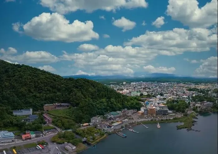 Framed Print : Kawaguchi lake and lakeside townscape under summer blue sky Framed Print : Kawaguchi lake and lakeside townscape under summer blue sky
