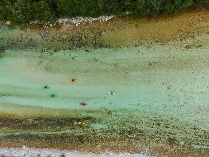 Framed Print : Kayak and Rafting Adventure Sport on River Soca in Bovec, Slovenia. Aerial Drone Top Down View Framed Print : Kayak and Rafting Adventure Sport on River Soca in Bovec, Slovenia. Aerial Drone Top Down View