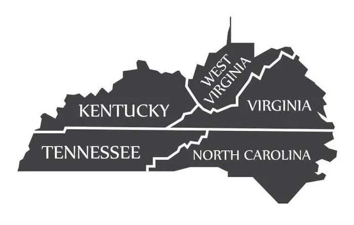 Framed Print : Kentucky - Tennessee - West Virginia - Virginia - North Carolina Map labelled black illustration