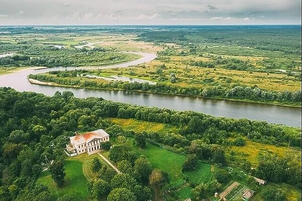 Khal'ch, Vetka District, Belarus. Aerial View Old House Manor Of Landowner Voynich-Senozhetskih. Top View Of Beautiful European Nature From High