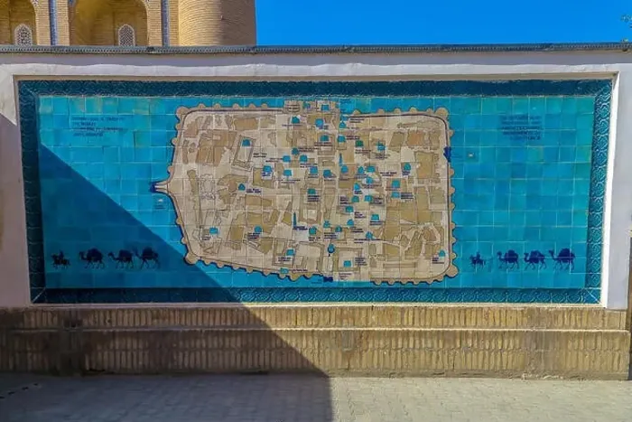 Framed Print : Khiva Old Town City Map of all Main Landmarks Sights and Roads on Blue Tiles Framed Print : Khiva Old Town City Map of all Main Landmarks Sights and Roads on Blue Tiles