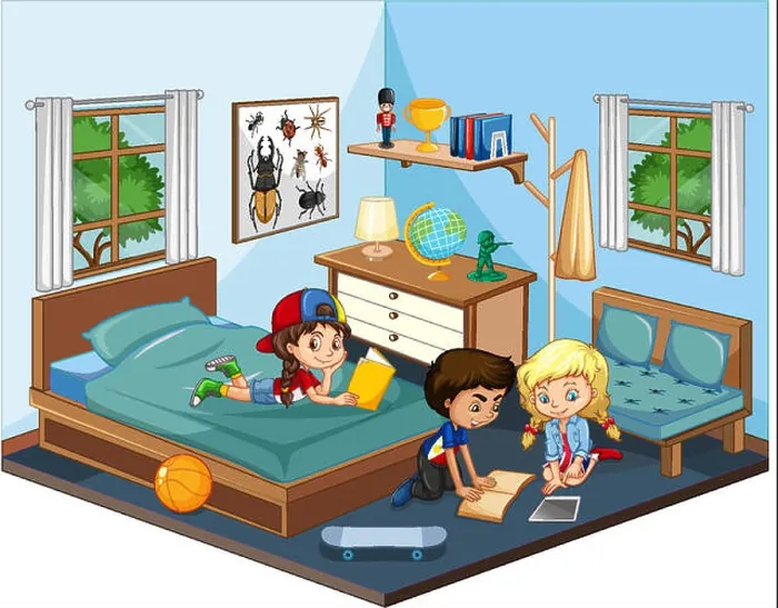 Framed Print : Kids in the bedroom in blue theme scene on white background Framed Print : Kids in the bedroom in blue theme scene on white background