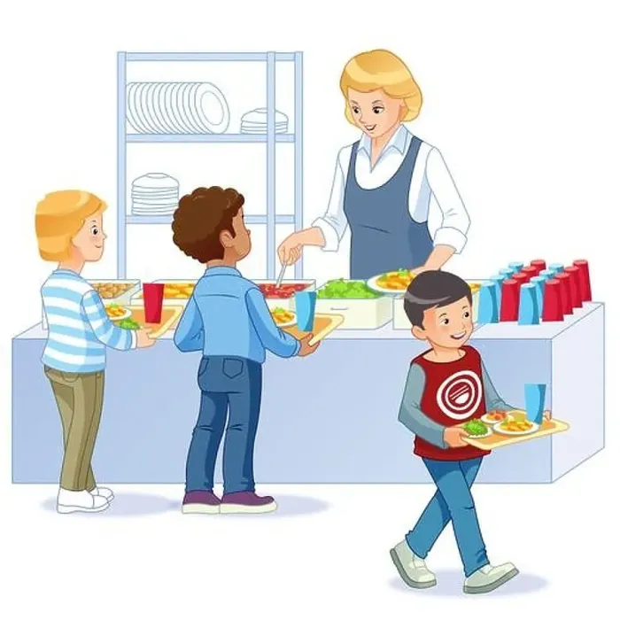 Framed Print : Kids in a Canteen Buying and Eating Lunch. Back to school. Cartoon vector isolated illustration Framed Print : Kids in a Canteen Buying and Eating Lunch. Back to school. Cartoon vector isolated illustration