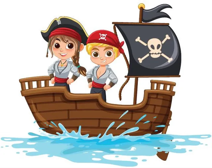 Framed Print : Two kids dressed as pirates on a ship Framed Print : Two kids dressed as pirates on a ship