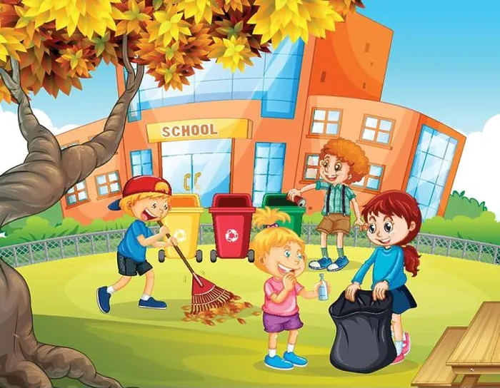 Framed Print : Kids volunteering cleaning up school illustration Framed Print : Kids volunteering cleaning up school illustration