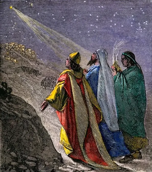 Framed Print : Three kings following the star to worship the baby Jesus. Hand-colored woodcut Framed Print : Three kings following the star to worship the baby Jesus. Hand-colored woodcut