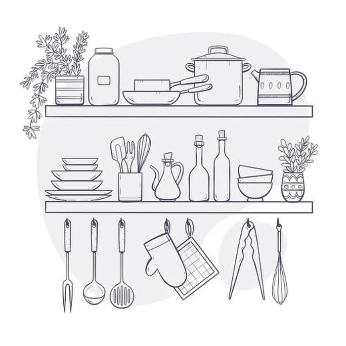 Framed Print : Kitchen supplies on shelves. Two shelves and hangers with plates Framed Print : Kitchen supplies on shelves. Two shelves and hangers with plates