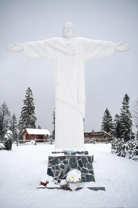 Framed Print : KLIN, SLOVAKIA - DEC 28, 2019: Monumental statue of Jesus Christ called Rio de Klin on hill Grapa in Klin Framed Print : KLIN, SLOVAKIA - DEC 28, 2019: Monumental statue of Jesus Christ called Rio de Klin on hill Grapa in Klin