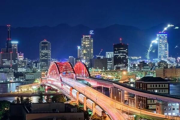 Kobe, Japan cityscape with the Kobe Ohashi Bridge at night