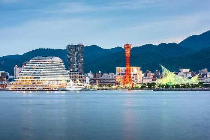 Framed Print : Kobe, Japan port skyline on the Seto Inland Sea at dusk Framed Print : Kobe, Japan port skyline on the Seto Inland Sea at dusk