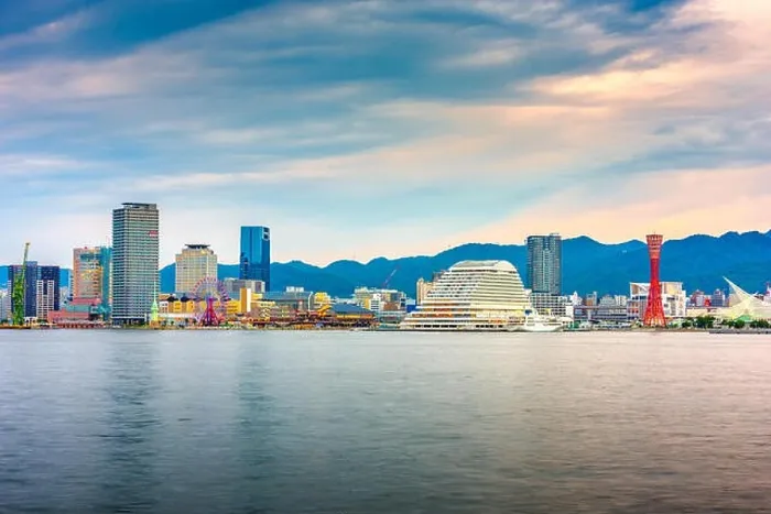 Framed Print : Kobe, Japan port skyline on the Seto Inland Sea at dusk Framed Print : Kobe, Japan port skyline on the Seto Inland Sea at dusk