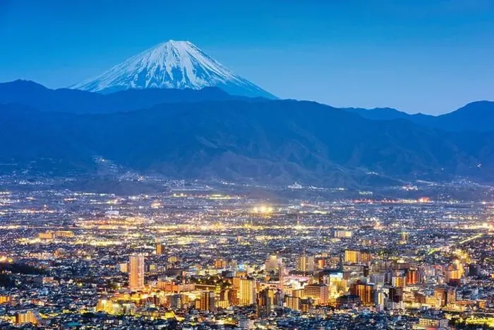 Framed Print : Kofu, Japan skyline with Mt. Fuji at dusk Framed Print : Kofu, Japan skyline with Mt. Fuji at dusk