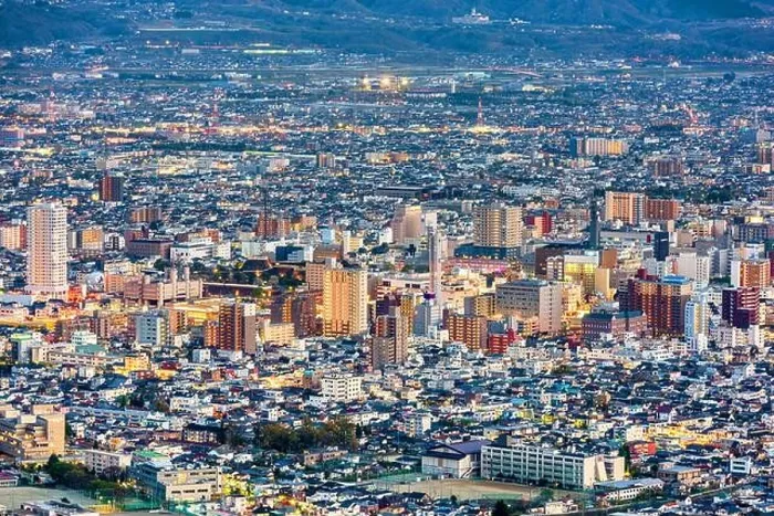 Framed Print : Kofu, Yamanashi, Japan downtown city skyline from the mountains at dusk Framed Print : Kofu, Yamanashi, Japan downtown city skyline from the mountains at dusk
