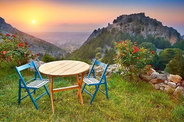 Kos Island, Greece, sunset landscape view from Old Pili village tavern