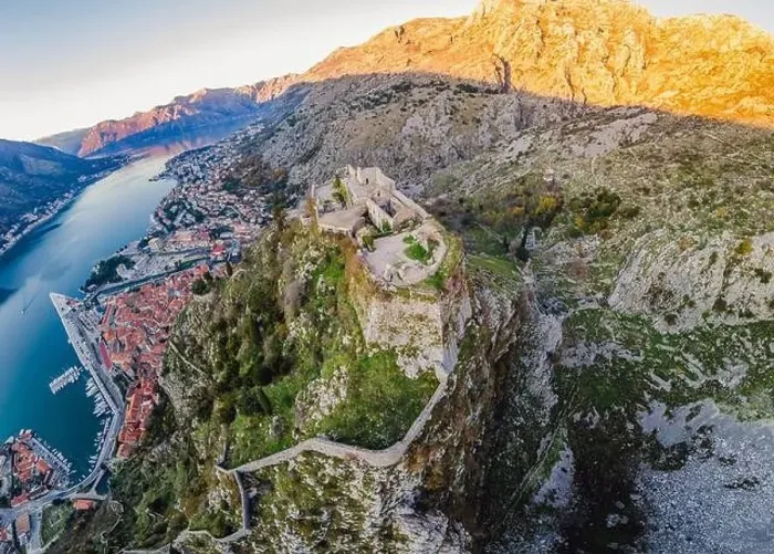 Framed Print : Kotor Old Town Ladder of Kotor Fortress Hiking Trail. Aerial drone view Framed Print : Kotor Old Town Ladder of Kotor Fortress Hiking Trail. Aerial drone view
