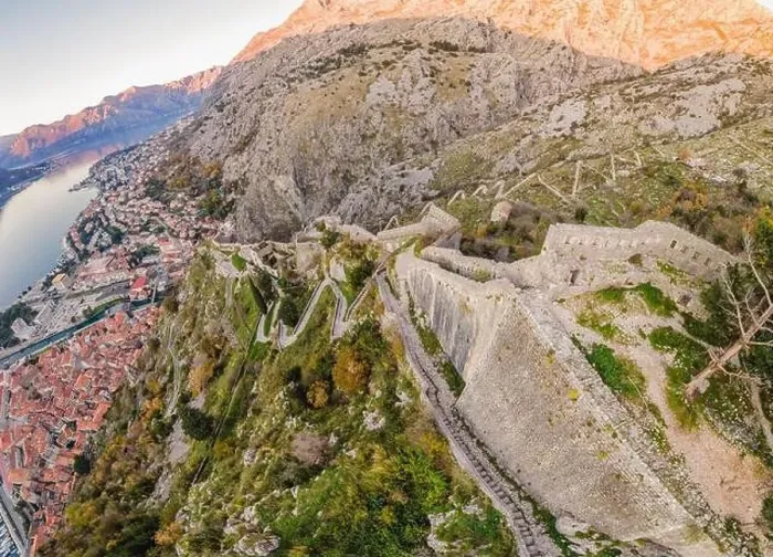Framed Print : Kotor Old Town Ladder of Kotor Fortress Hiking Trail. Aerial drone view Framed Print : Kotor Old Town Ladder of Kotor Fortress Hiking Trail. Aerial drone view