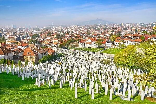 Kovaci war cemetery and Sarajevo cityscape, Bosnia and Herzegovina