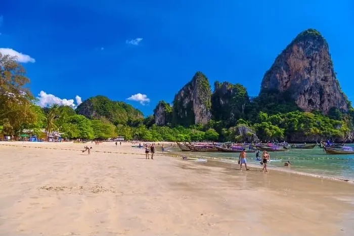 Framed Print : KRABI, THAILAND- MARCH 2018: Rocks, water and tropical white sand beach, Railay beach west, Ao Nang, Krabi, Thailand Framed Print : KRABI, THAILAND- MARCH 2018: Rocks, water and tropical white sand beach, Railay beach west, Ao Nang, Krabi, Thailand
