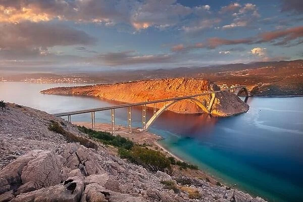 Krk Bridge, Croatia. Image of Krk Bridge which connects the Croatian island of Krk with the mainland at beautiful summer sunset
