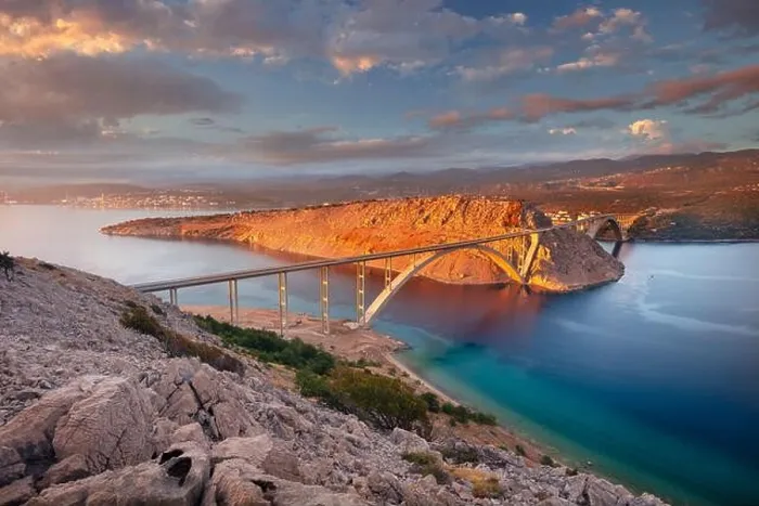 Framed Print : Krk Bridge, Croatia. Image of Krk Bridge which connects the Croatian island of Krk with the mainland at beautiful summer sunset
