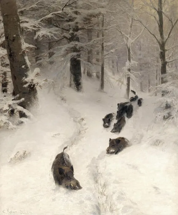 Framed Print : Kroner Christian Johann - Herd of Wild Boar in a Winter Woodland