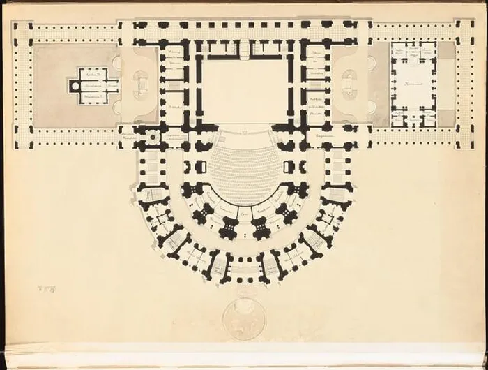 Framed Print : Krüger Theodor (1818-1885), Opera House on Lützowplatz in Berlin (1883): Grundriss Earth floor (with side wings)