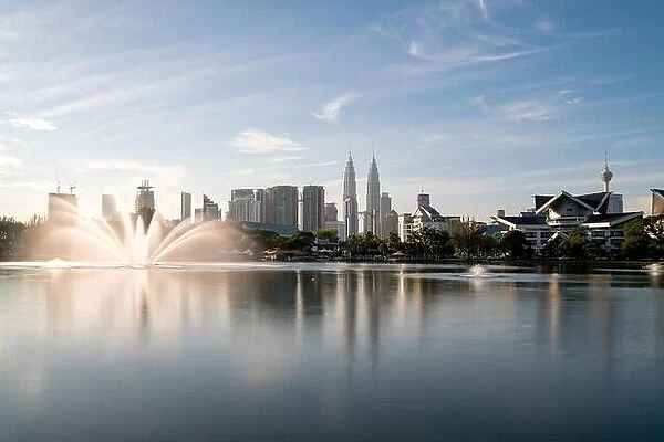 Kuala Lumpur skyline and fountation at Titiwangsa Park in Kuala Lumpur. Malaysia