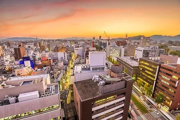 Kumamoto City, Japan downtown skyline from above at dusk
