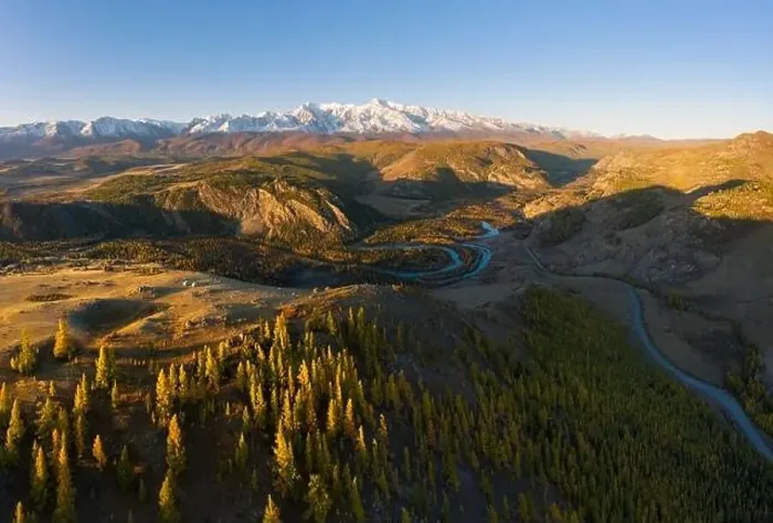 Framed Print : Kurai Steppe, Chuya River, Yellow Larches and Mountains in Autumn. Aerial View. Altai Mountains, Russia Framed Print : Kurai Steppe, Chuya River, Yellow Larches and Mountains in Autumn. Aerial View. Altai Mountains, Russia