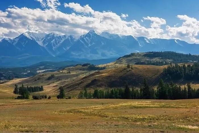 Framed Print : Kurai steppe and North-Chui ridge on background. Altai mountains, Russia