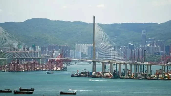 Framed Print : Kwai Tsing container terminal port view in drone, and hong kong skyline and stonecutter's bridge Framed Print : Kwai Tsing container terminal port view in drone, and hong kong skyline and stonecutter's bridge